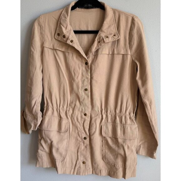 Zara Basic Beige Womens Jacket Drawstring Waist Utility Pockets Small - Picture 1 of 14